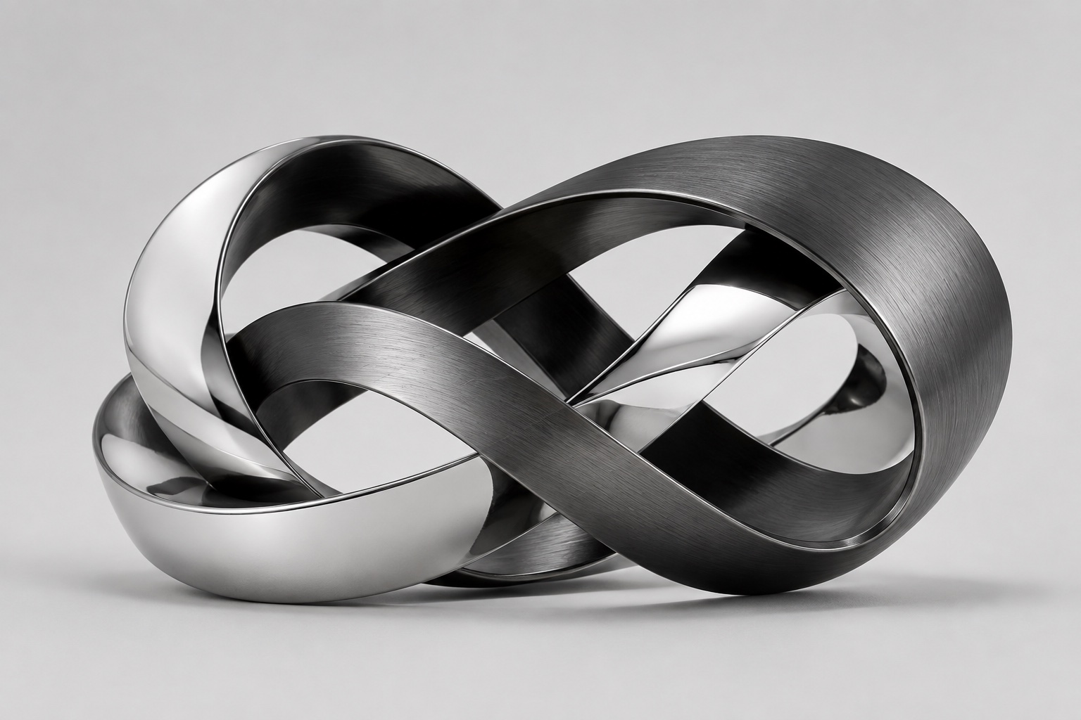 Interlocking silver and graphite ribbons, a study in connected forms